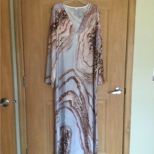 Full Length Dress Marble Print Long Pullover V-neck Dress